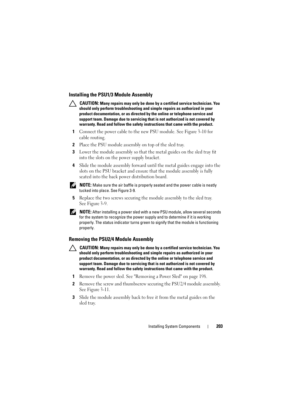 Installing the psu1/3 module assembly, Removing the psu2/4 module assembly | Dell PowerEdge C8000 User Manual | Page 203 / 294