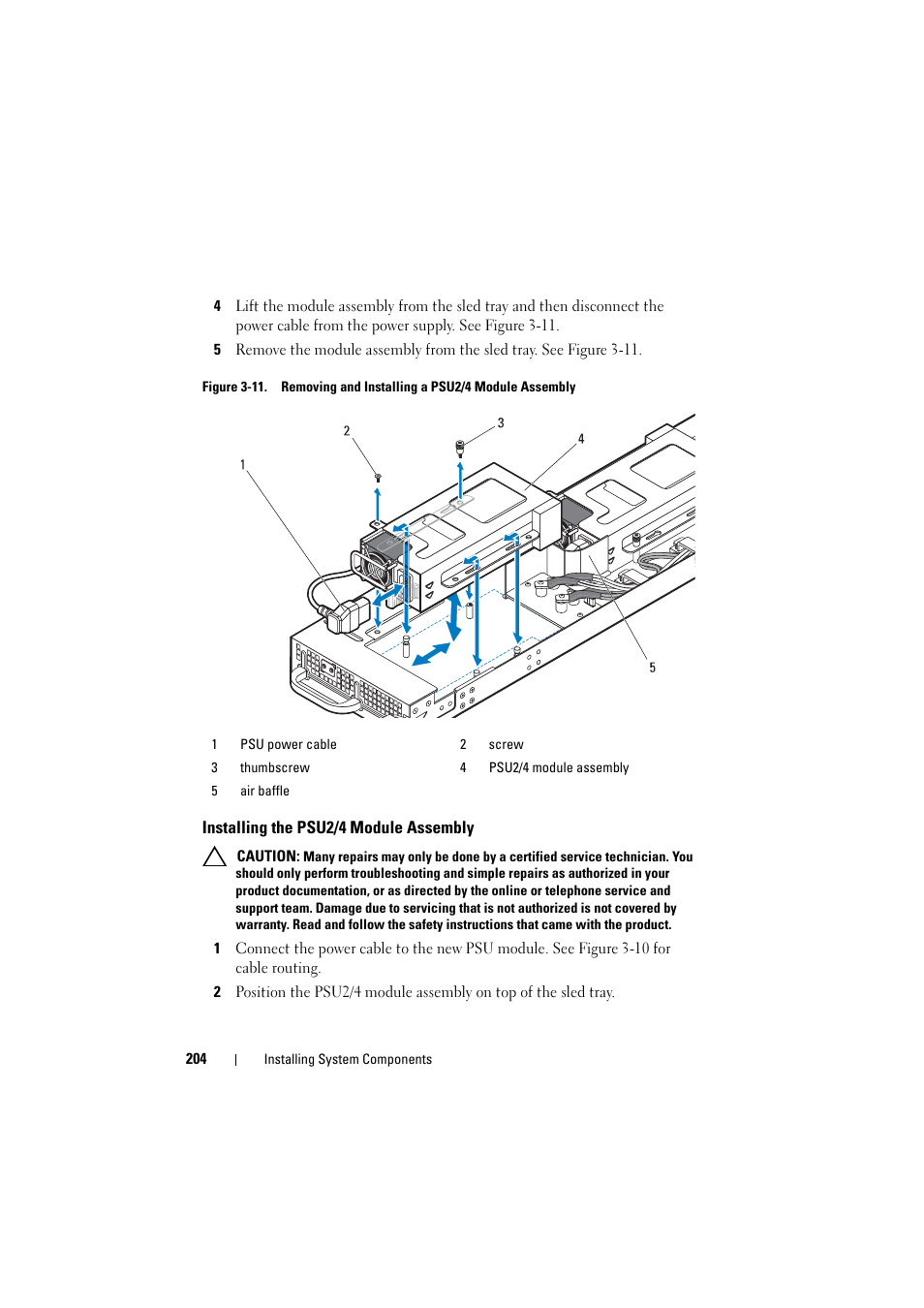 Installing the psu2/4 module assembly, See figure 3-11 | Dell PowerEdge C8000 User Manual | Page 204 / 294