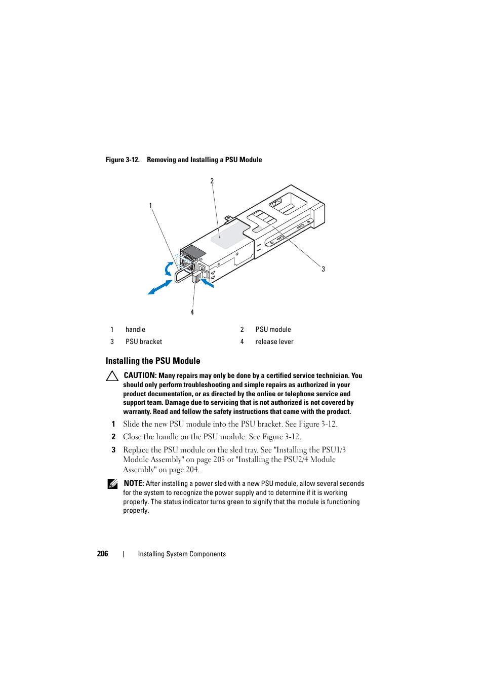 Installing the psu module, See figure 3-12 | Dell PowerEdge C8000 User Manual | Page 206 / 294
