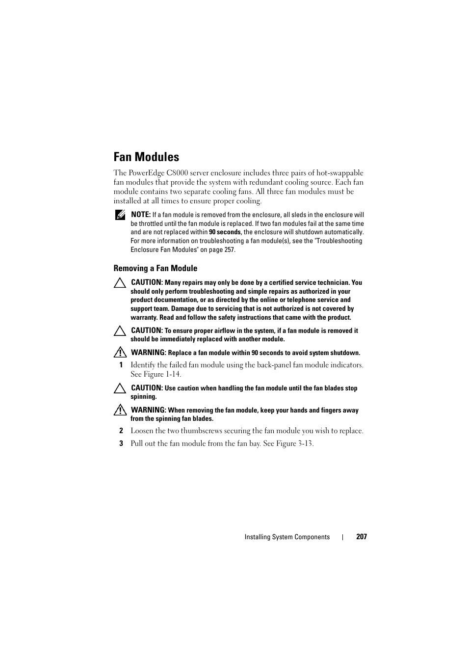 Fan modules, Removing a fan module | Dell PowerEdge C8000 User Manual | Page 207 / 294