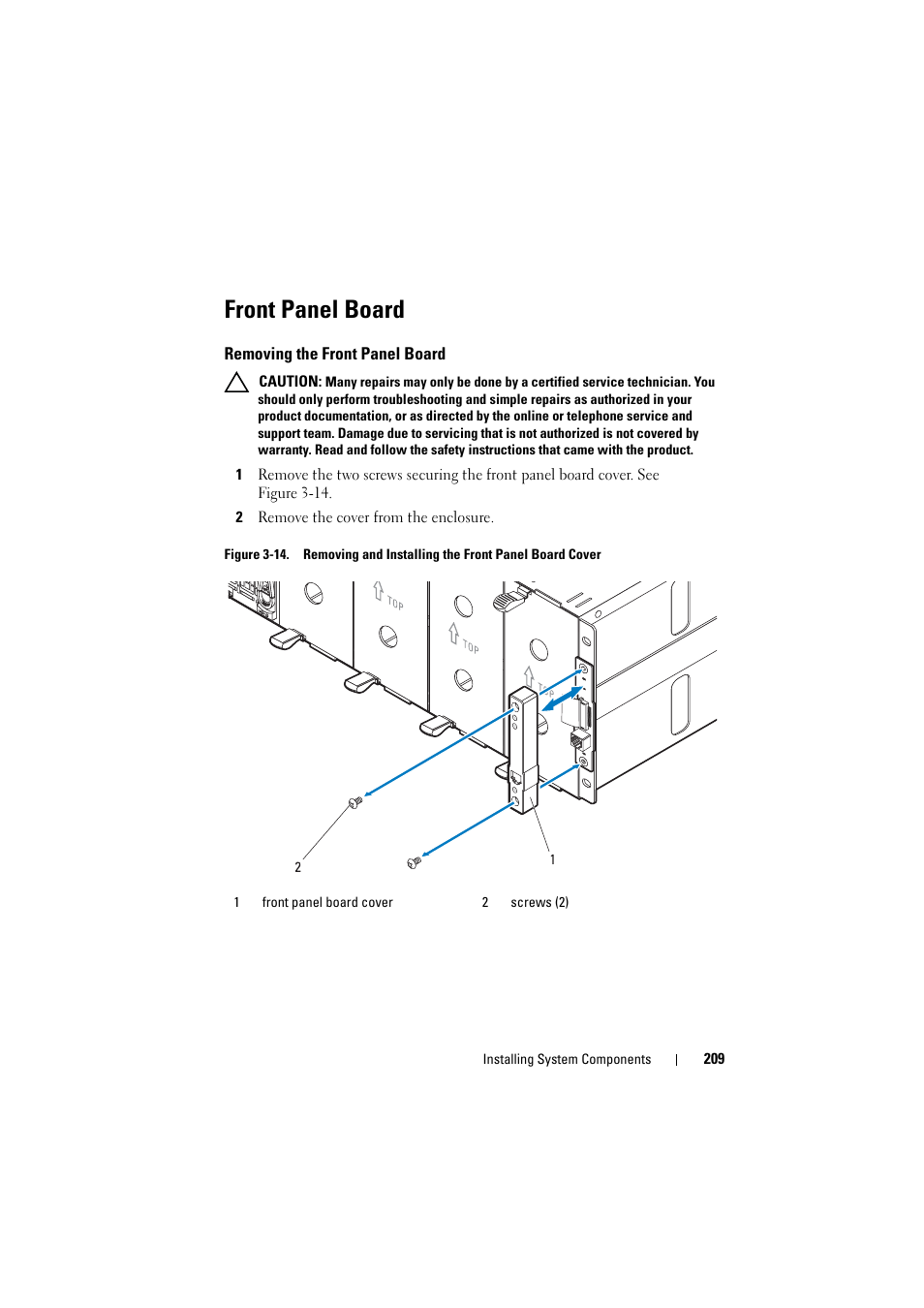 Front panel board, Removing the front panel board | Dell PowerEdge C8000 User Manual | Page 209 / 294