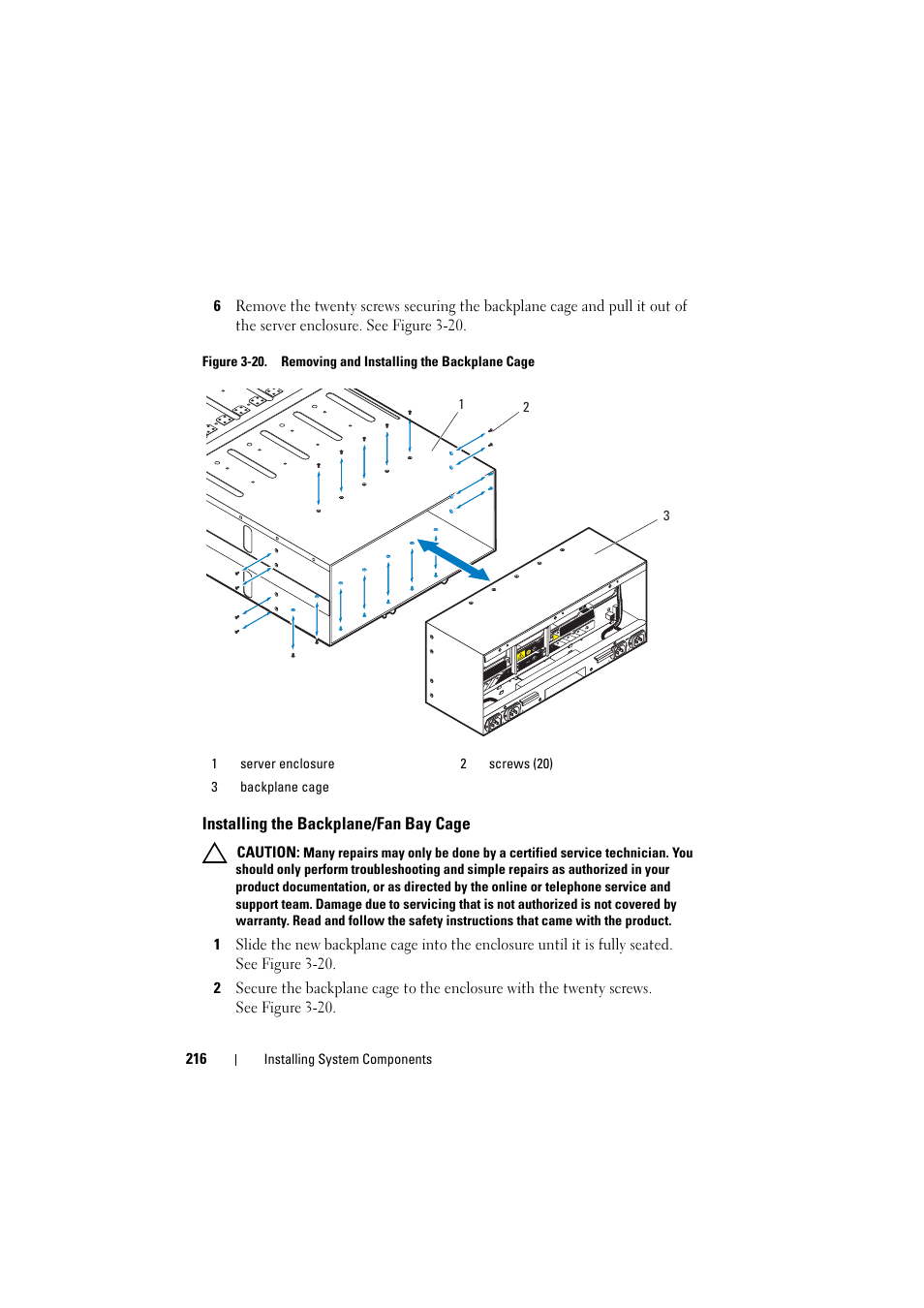 Installing the backplane/fan bay cage | Dell PowerEdge C8000 User Manual | Page 216 / 294