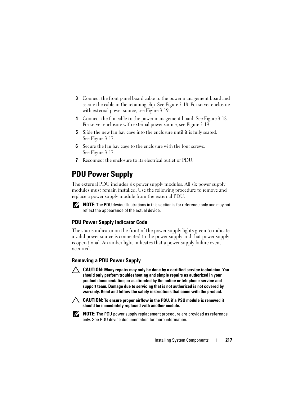 Pdu power supply, Pdu power supply indicator code, Removing a pdu power supply | Dell PowerEdge C8000 User Manual | Page 217 / 294
