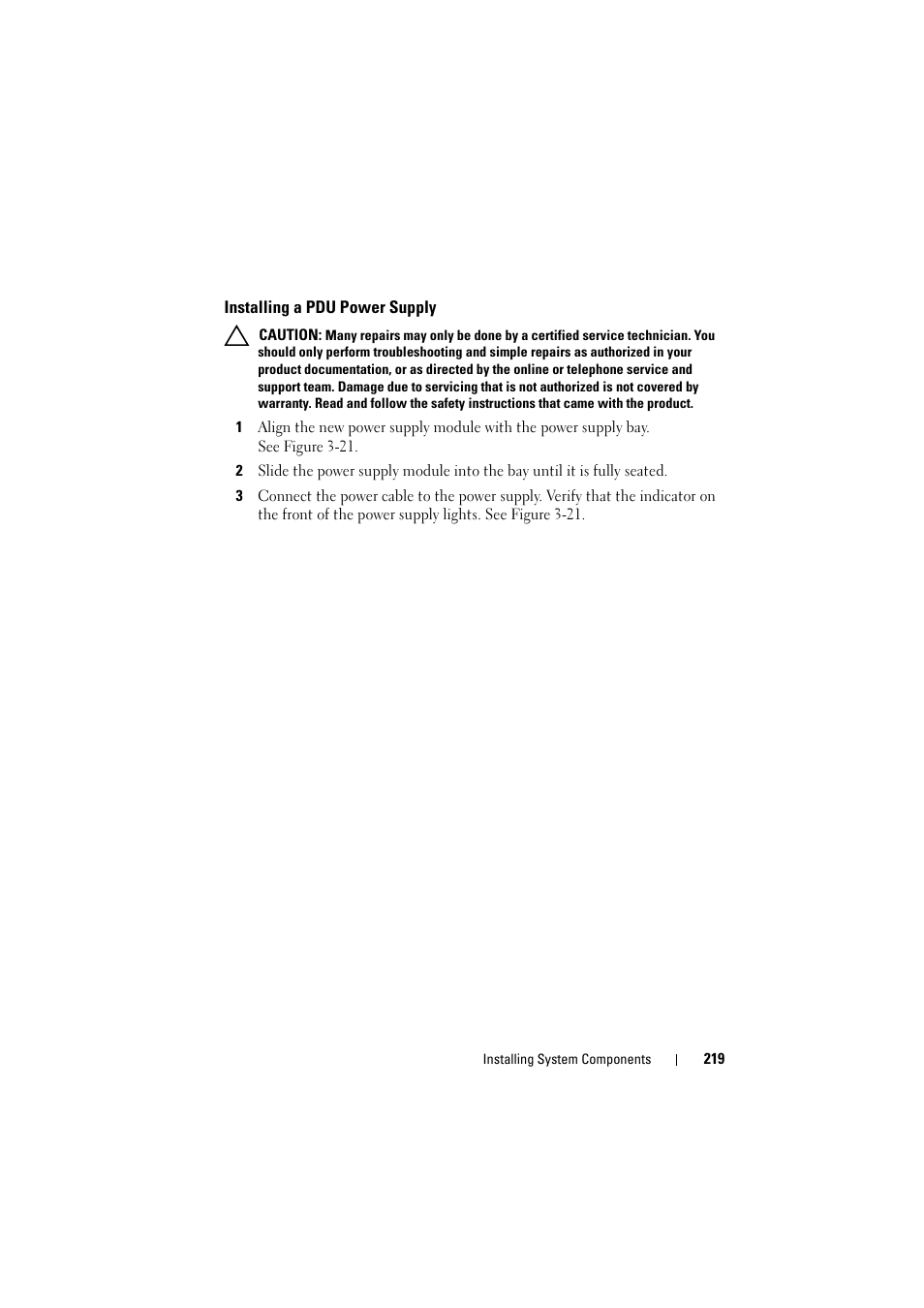 Installing a pdu power supply | Dell PowerEdge C8000 User Manual | Page 219 / 294