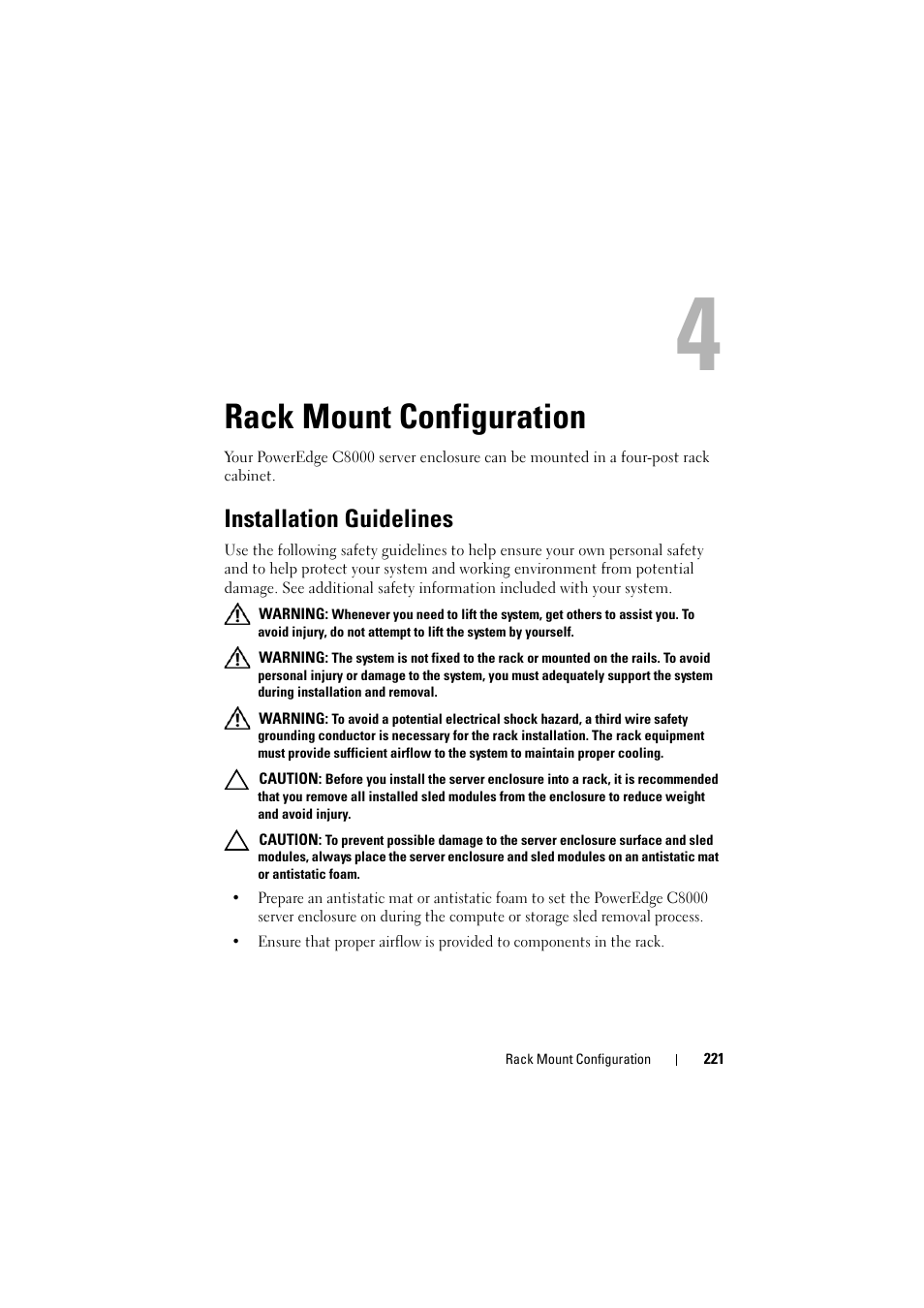 Rack mount configuration, Installation guidelines | Dell PowerEdge C8000 User Manual | Page 221 / 294