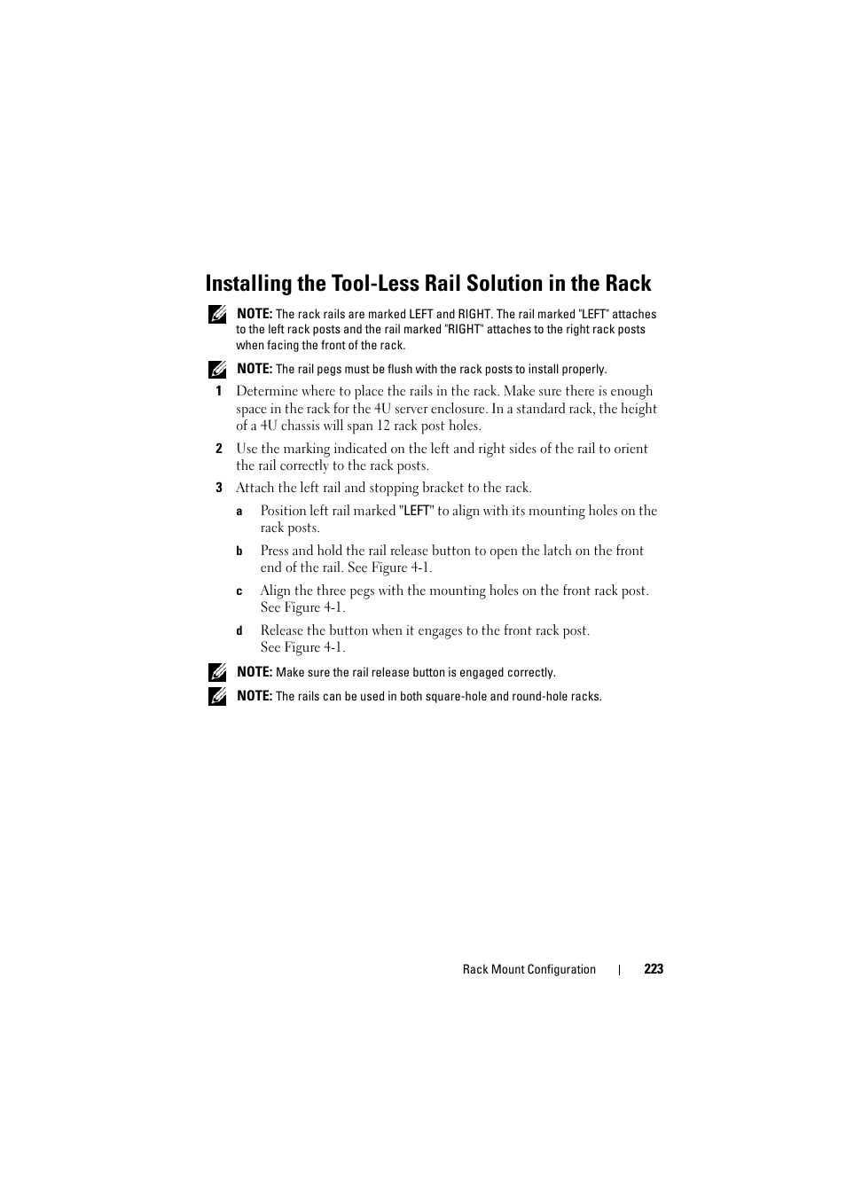 Installing the tool-less rail solution in the rack | Dell PowerEdge C8000 User Manual | Page 223 / 294