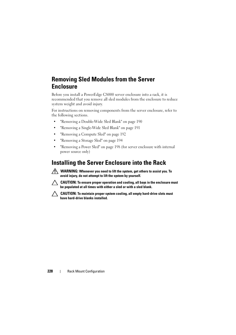 Removing sled modules from the server enclosure, Installing the server enclosure into the rack | Dell PowerEdge C8000 User Manual | Page 228 / 294