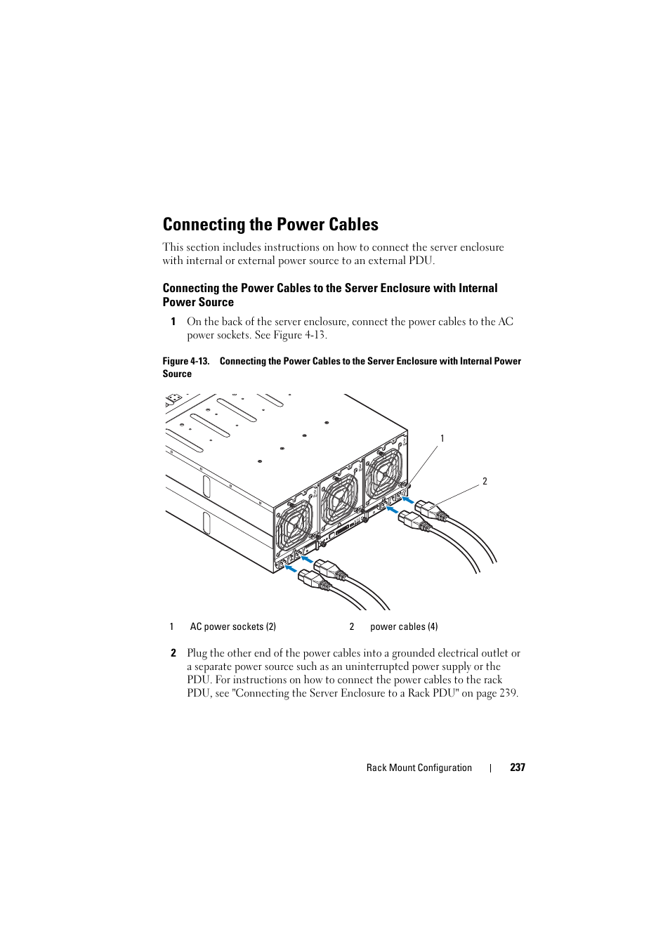 Connecting the power cables, Connecting the power cables to the, Server enclosure with internal power | Source | Dell PowerEdge C8000 User Manual | Page 237 / 294