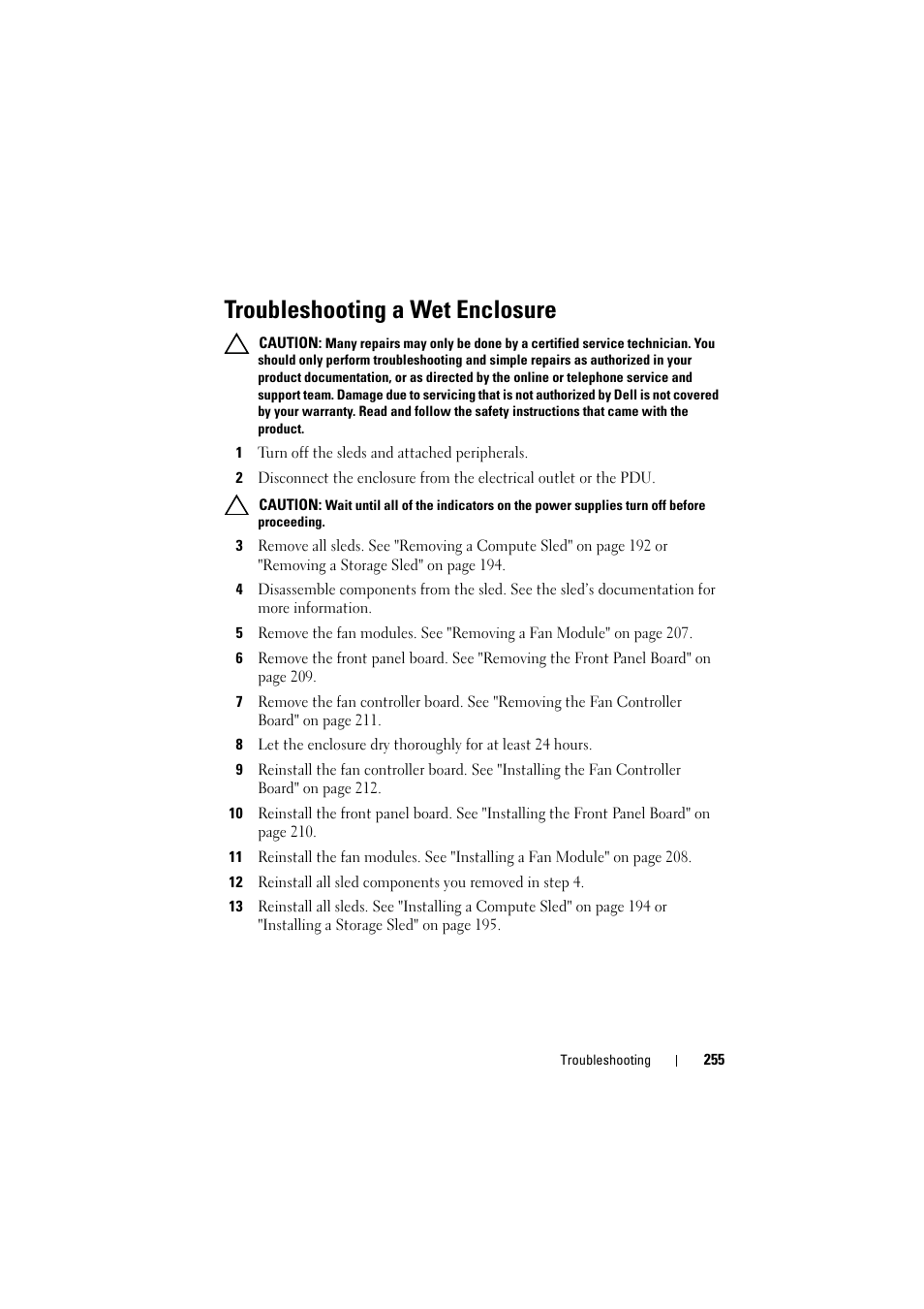Troubleshooting a wet enclosure | Dell PowerEdge C8000 User Manual | Page 255 / 294