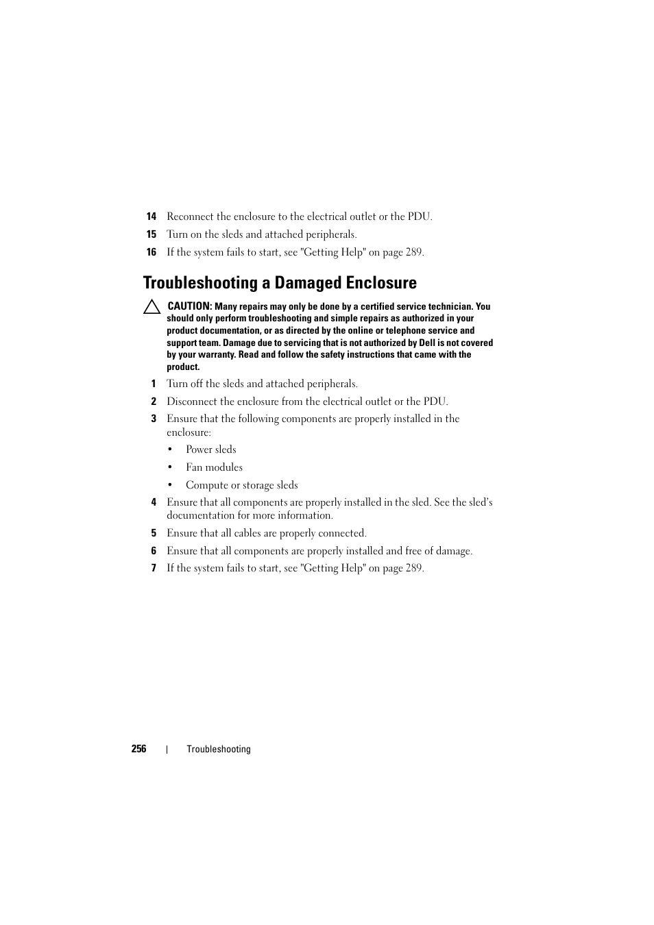Troubleshooting a damaged enclosure | Dell PowerEdge C8000 User Manual | Page 256 / 294