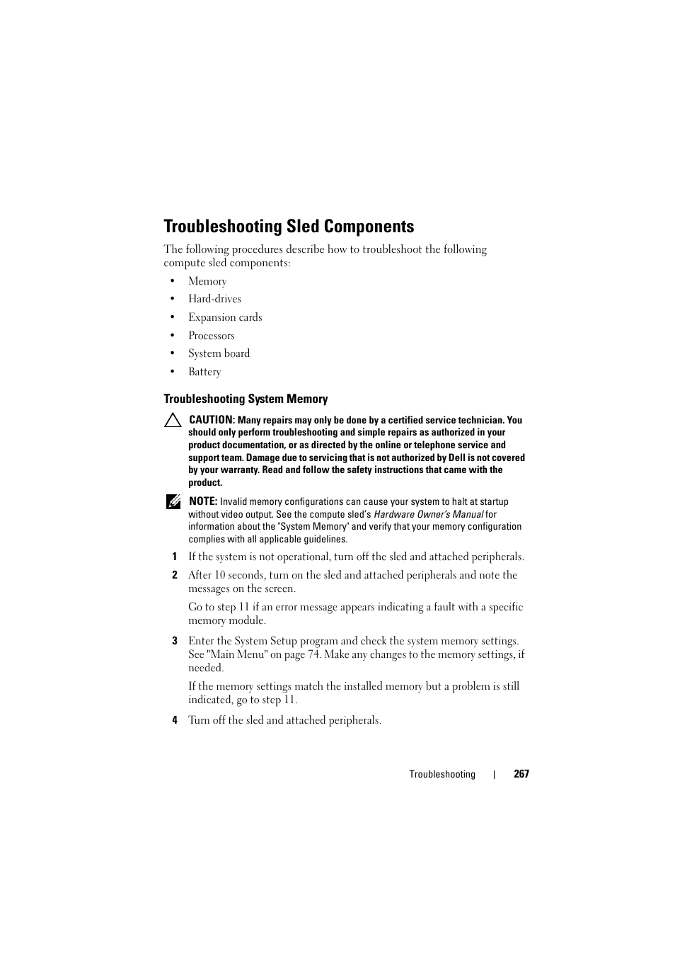 Troubleshooting sled components, Troubleshooting system memory, Troubleshooting system | Dell PowerEdge C8000 User Manual | Page 267 / 294