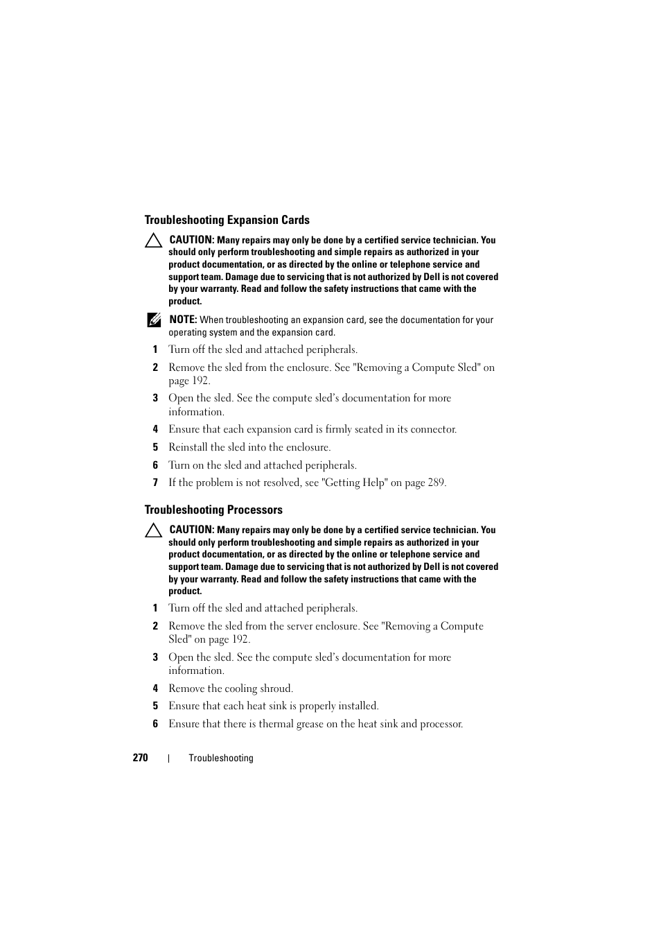 Troubleshooting expansion cards, Troubleshooting processors, Troubleshooting | Expansion cards" on, See "troubleshooting | Dell PowerEdge C8000 User Manual | Page 270 / 294