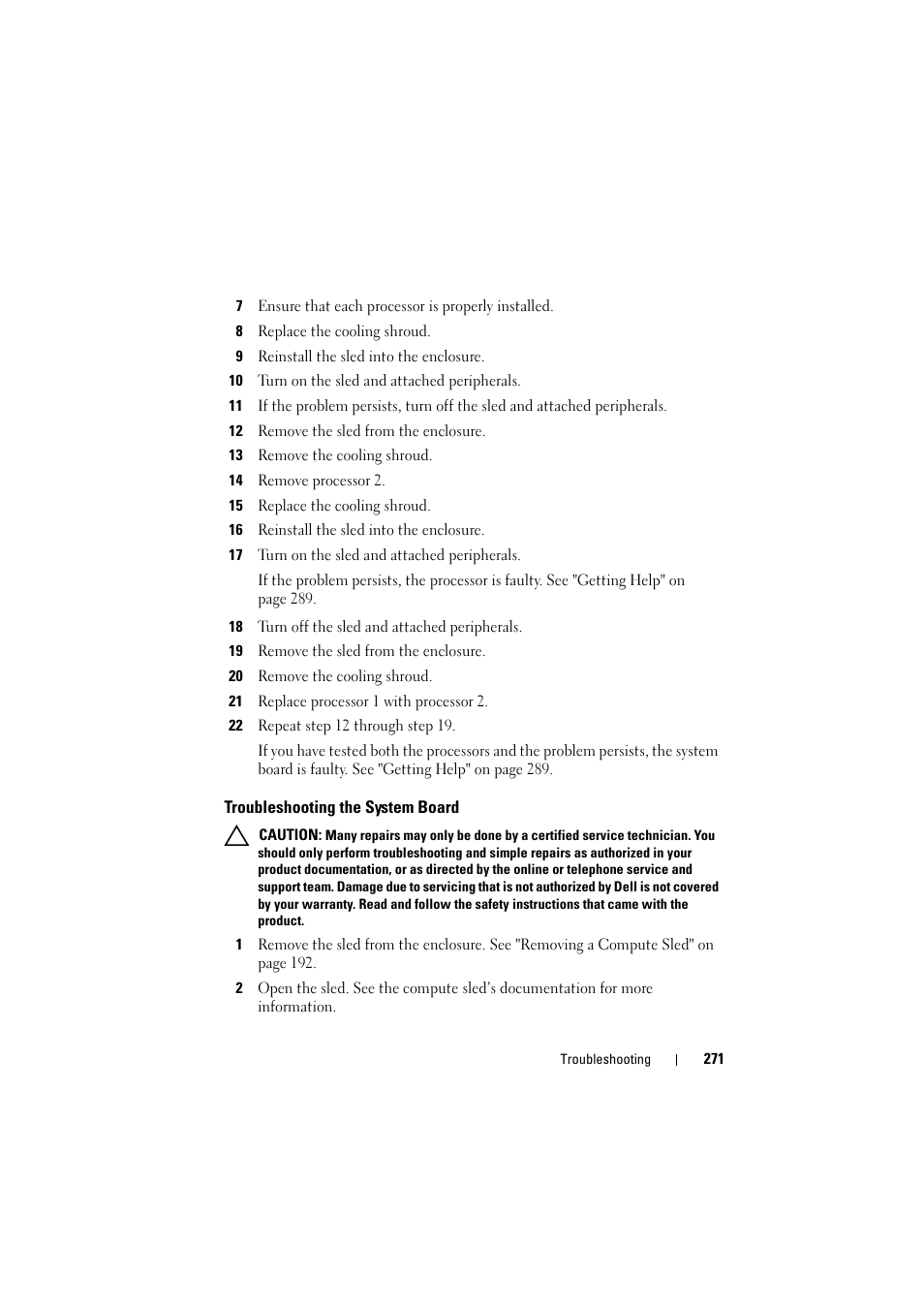 Troubleshooting the system board | Dell PowerEdge C8000 User Manual | Page 271 / 294