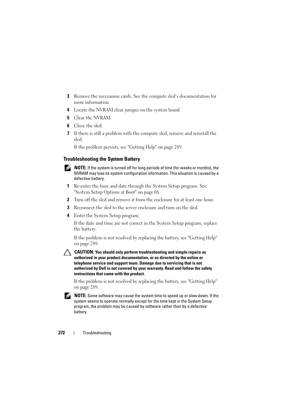 Troubleshooting the system battery | Dell PowerEdge C8000 User Manual | Page 272 / 294