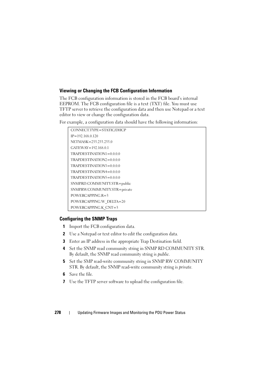 Configuring the snmp traps, Viewing or changing the fcb configuration, Information | Dell PowerEdge C8000 User Manual | Page 278 / 294