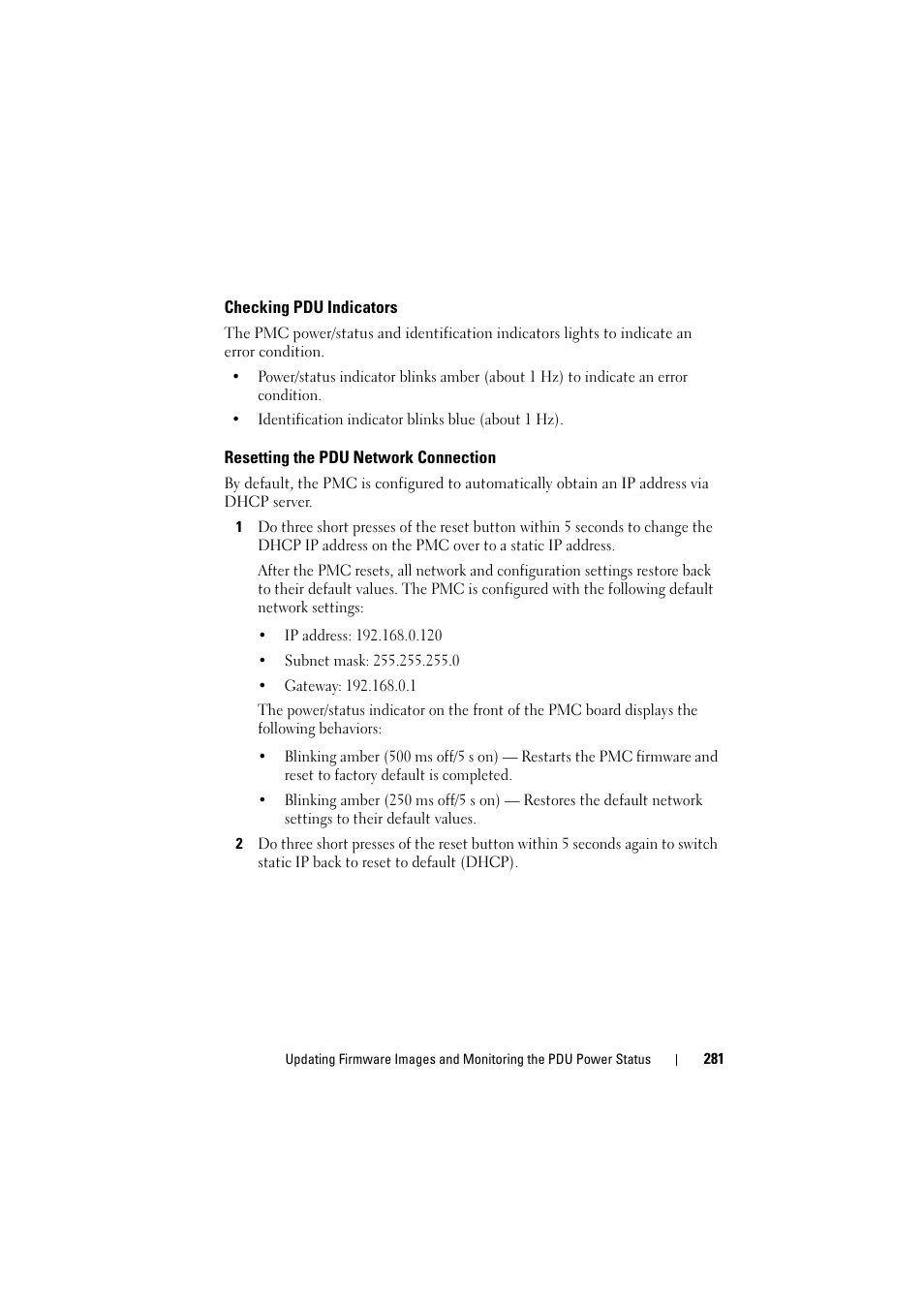 Checking pdu indicators, Resetting the pdu network connection | Dell PowerEdge C8000 User Manual | Page 281 / 294