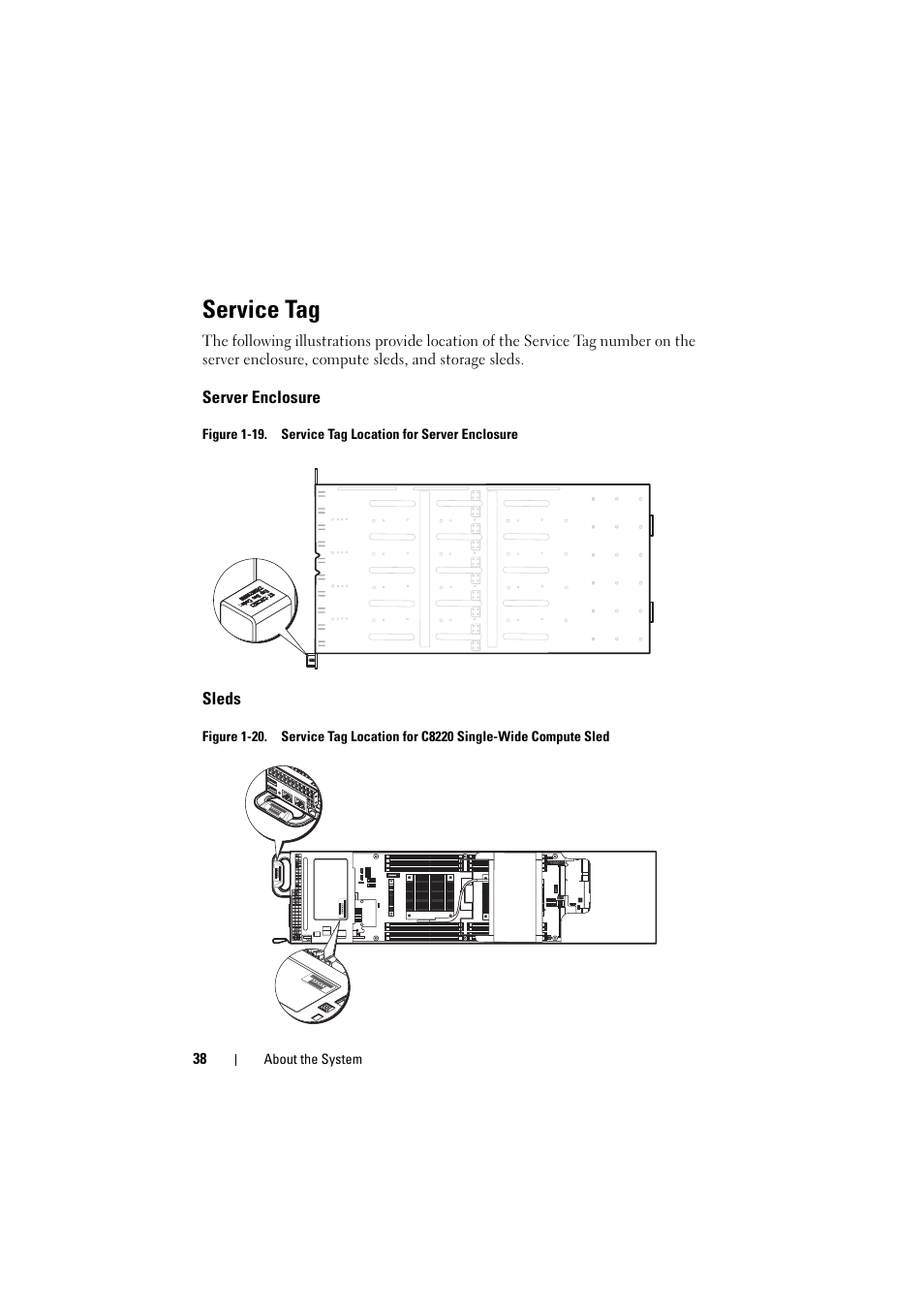 Service tag, Server enclosure, Sleds | Dell PowerEdge C8000 User Manual | Page 38 / 294