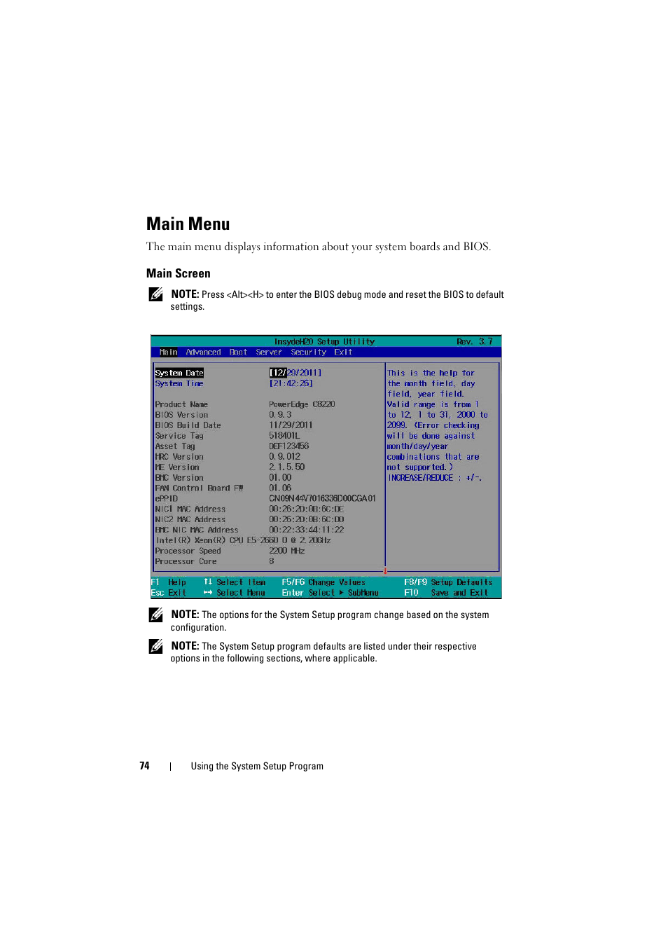 Main menu, Main screen | Dell PowerEdge C8000 User Manual | Page 74 / 294