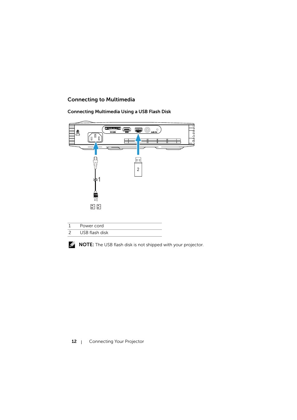 Connecting to multimedia, Connecting multimedia using a usb flash disk | Dell Mobile Projector M900HD User Manual | Page 12 / 84