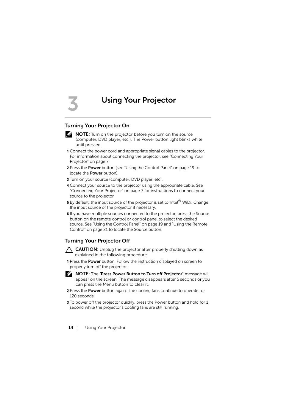 Using your projector, Turning your projector on, Turning your projector off | Dell Mobile Projector M900HD User Manual | Page 14 / 84