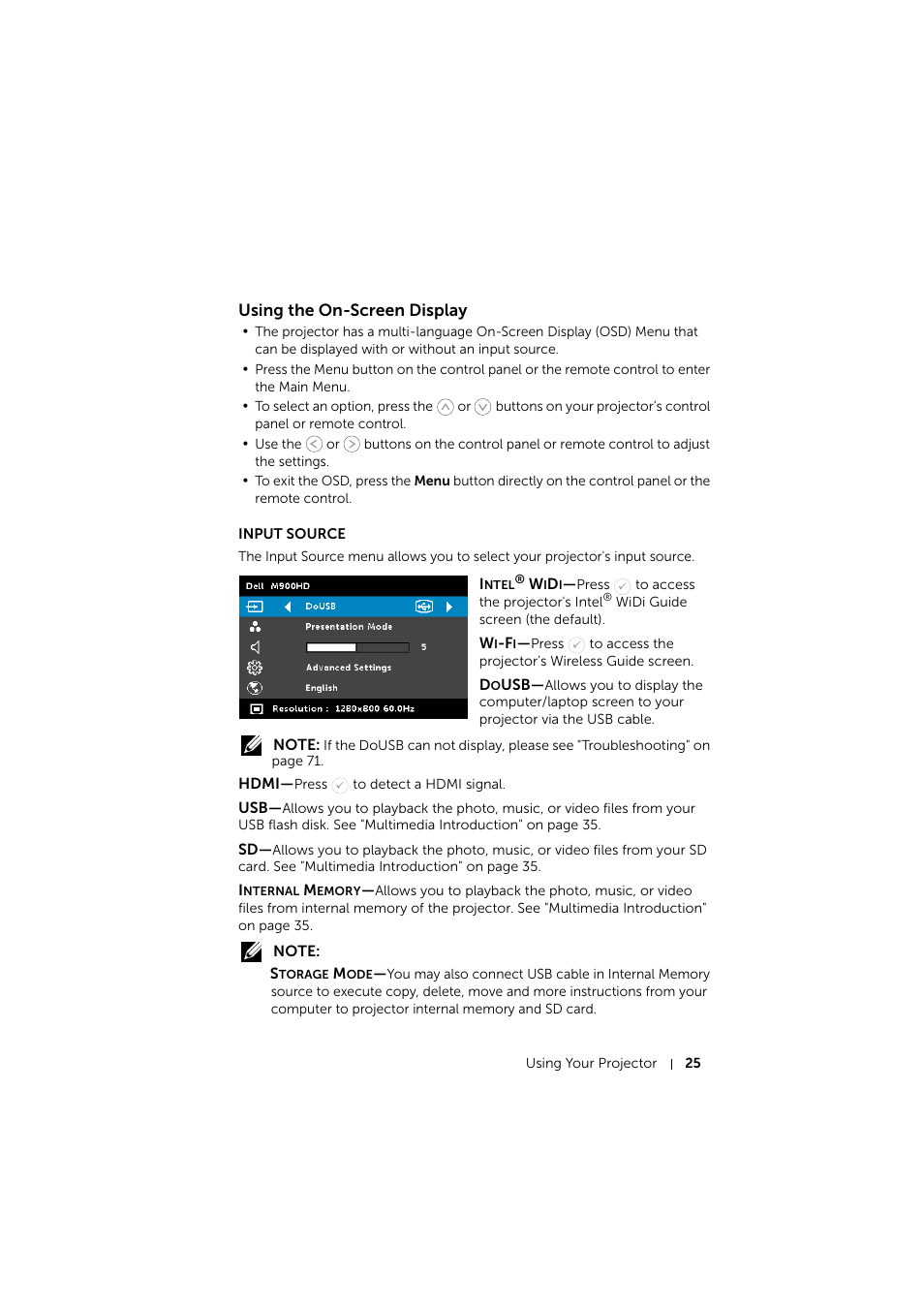 Using the on-screen display, Input source | Dell Mobile Projector M900HD User Manual | Page 25 / 84