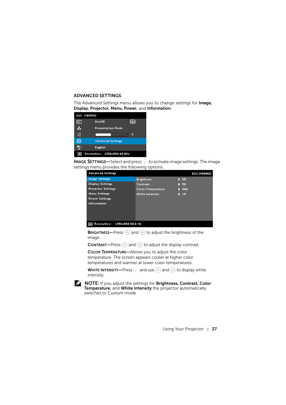 Advanced settings | Dell Mobile Projector M900HD User Manual | Page 27 / 84