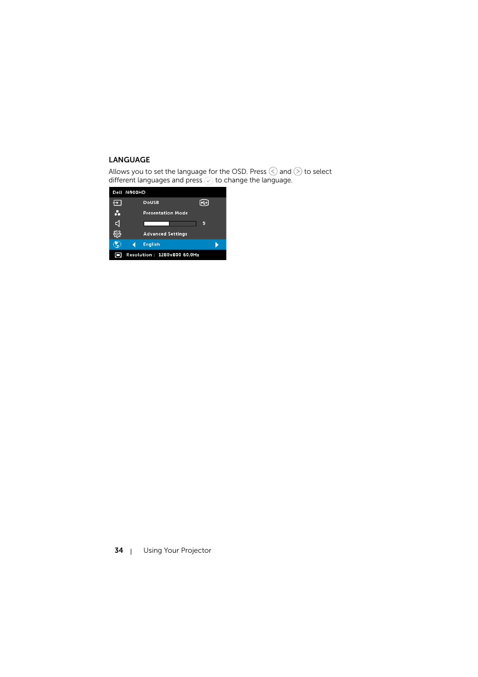 Language | Dell Mobile Projector M900HD User Manual | Page 34 / 84