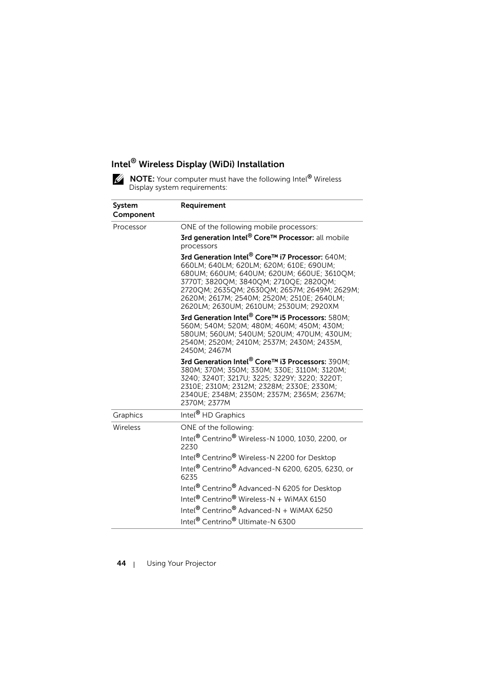 Intel® wireless display (widi) installation, Intel, Wireless display (widi) installation | Dell Mobile Projector M900HD User Manual | Page 44 / 84