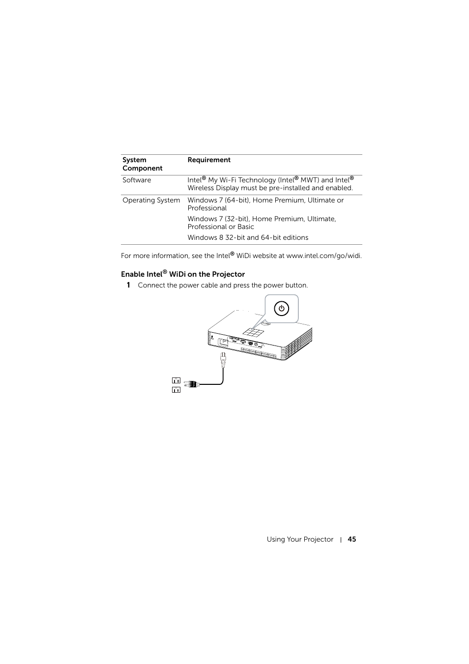 Enable intel® widi on the projector | Dell Mobile Projector M900HD User Manual | Page 45 / 84