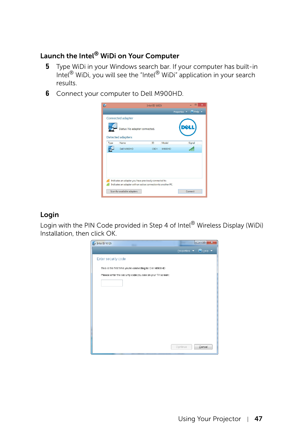 Launch the intel® widi on your computer, Login | Dell Mobile Projector M900HD User Manual | Page 47 / 84