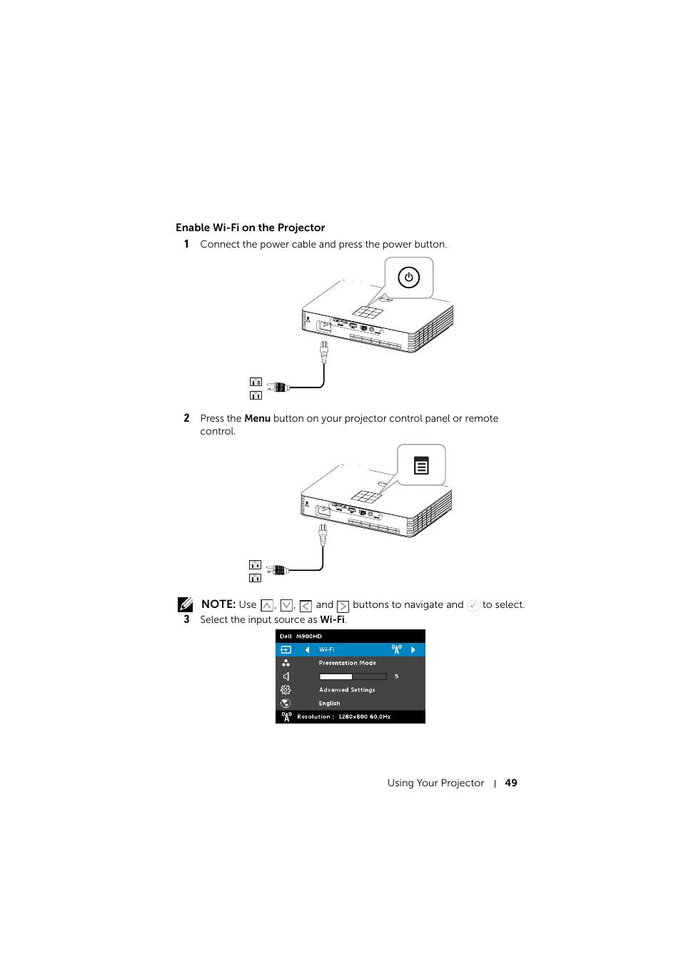 Enable wi-fi on the projector | Dell Mobile Projector M900HD User Manual | Page 49 / 84