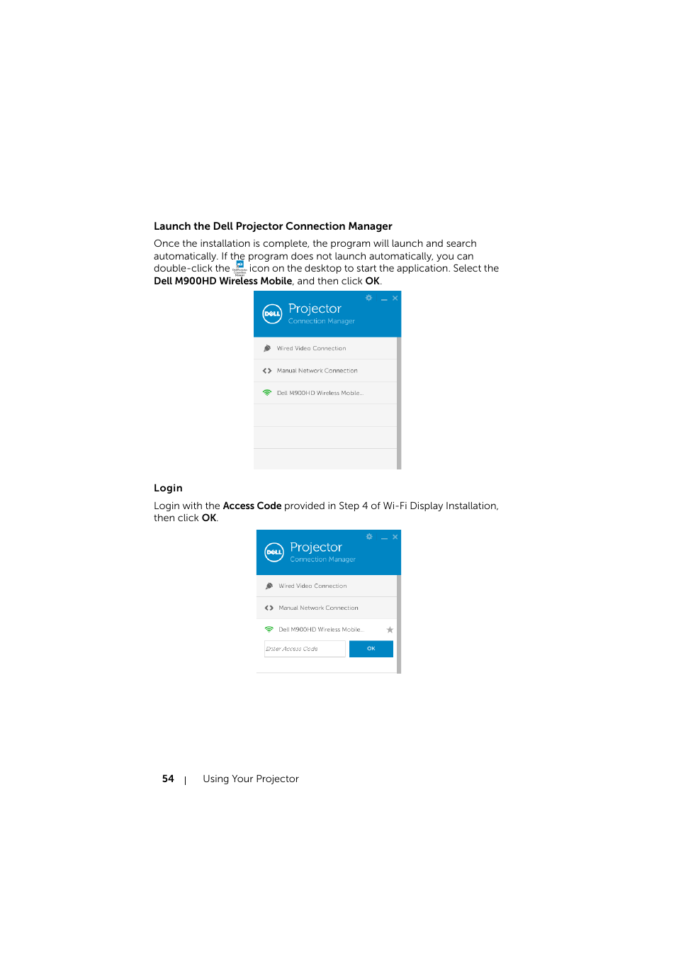 Launch the dell projector connection manager, Login | Dell Mobile Projector M900HD User Manual | Page 54 / 84