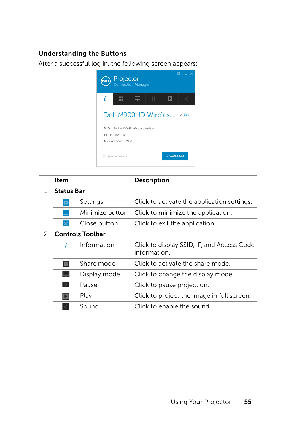 Understanding the buttons | Dell Mobile Projector M900HD User Manual | Page 55 / 84