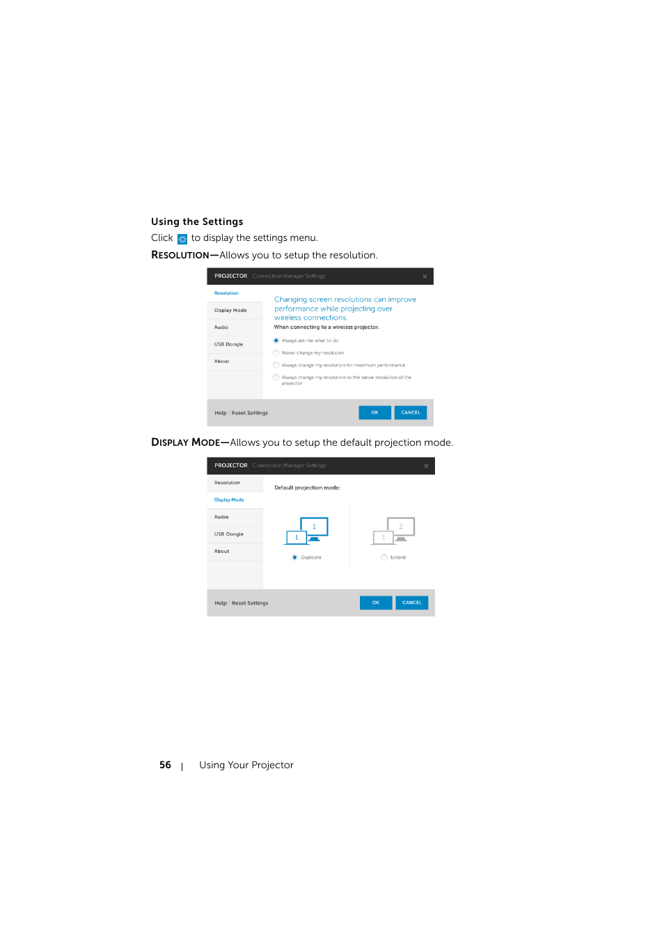 Using the settings | Dell Mobile Projector M900HD User Manual | Page 56 / 84