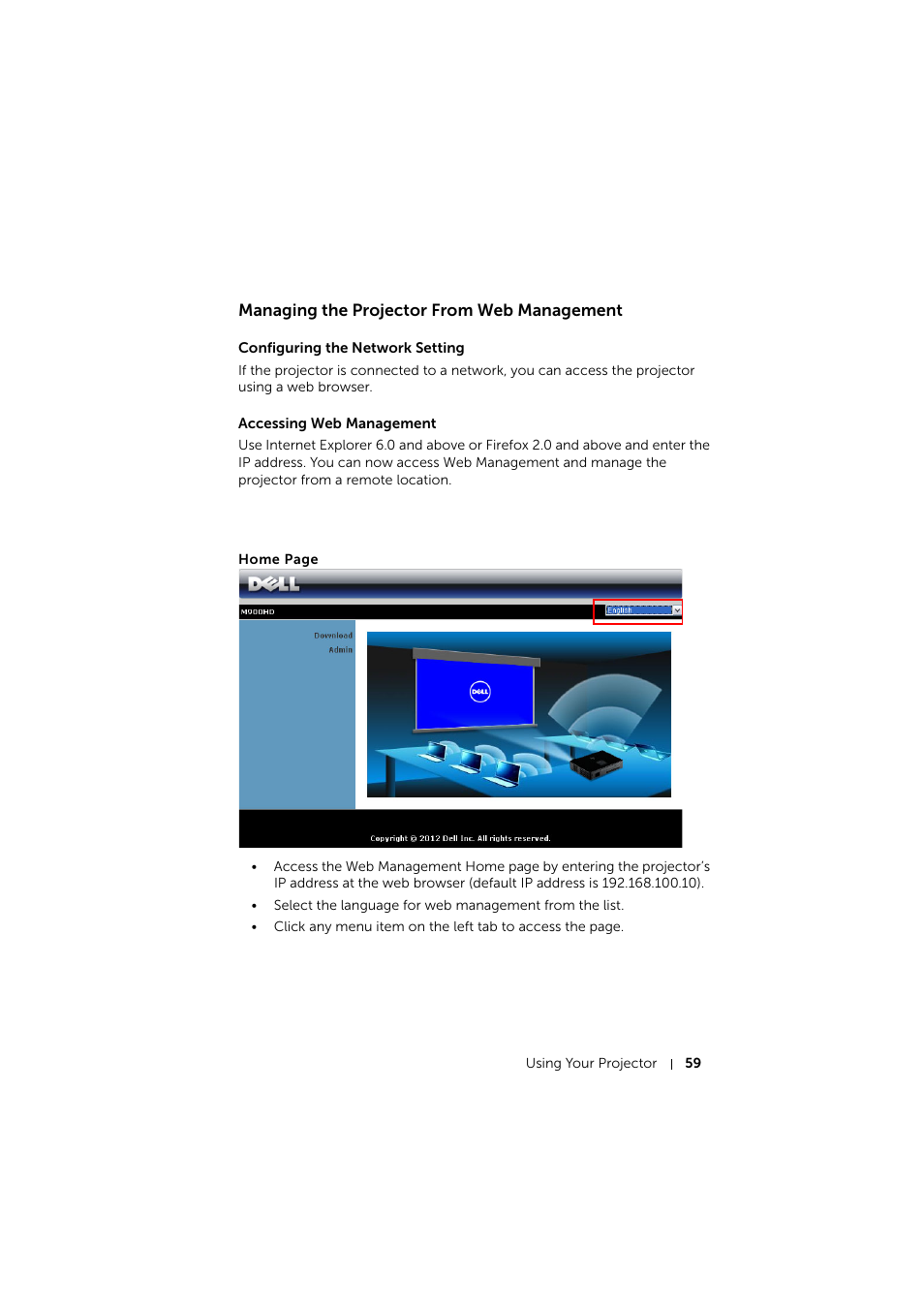 Managing the projector from web management, Configuring the network setting, Accessing web management | Dell Mobile Projector M900HD User Manual | Page 59 / 84