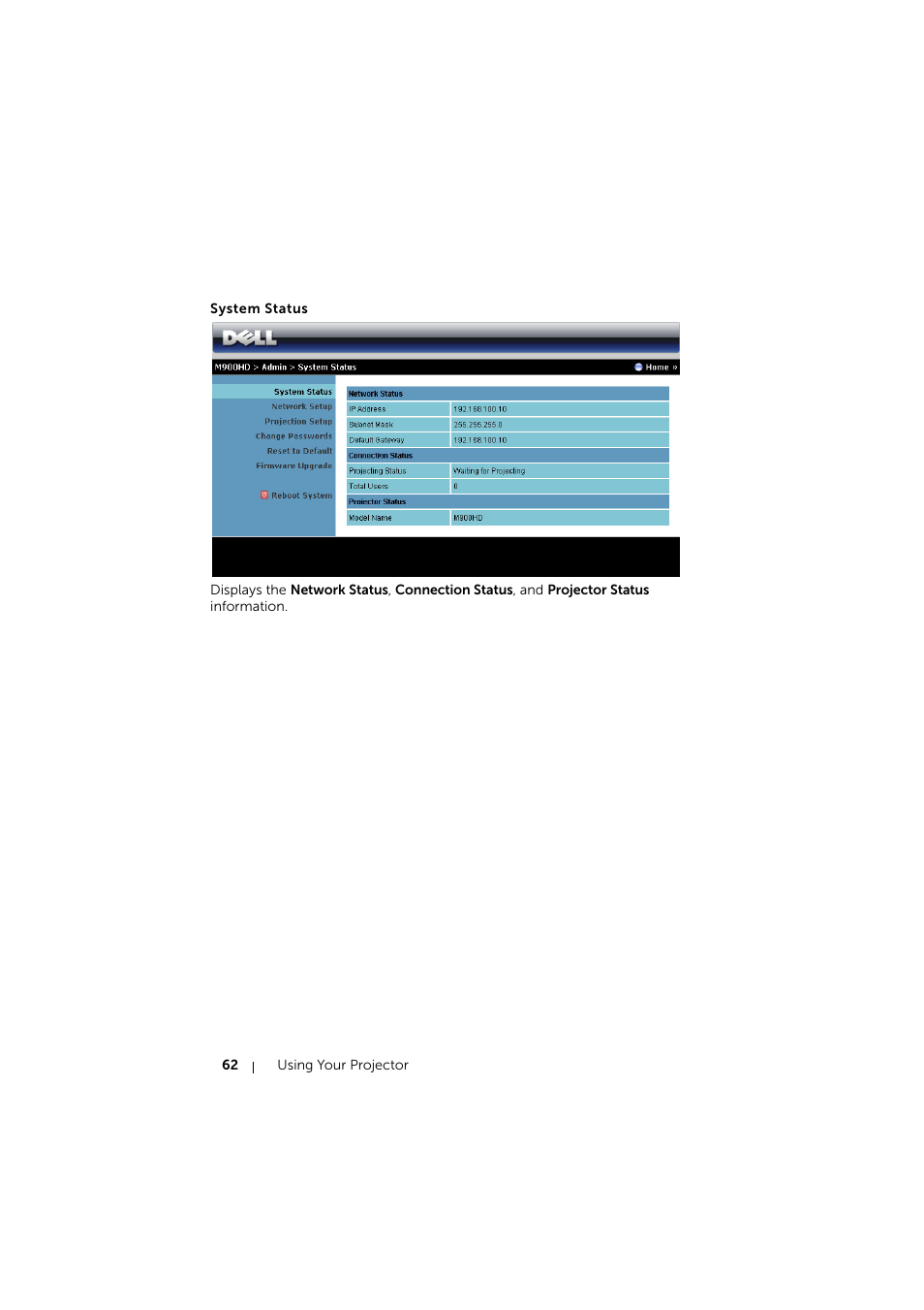 System status | Dell Mobile Projector M900HD User Manual | Page 62 / 84