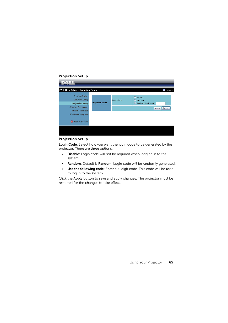 Projection setup | Dell Mobile Projector M900HD User Manual | Page 65 / 84
