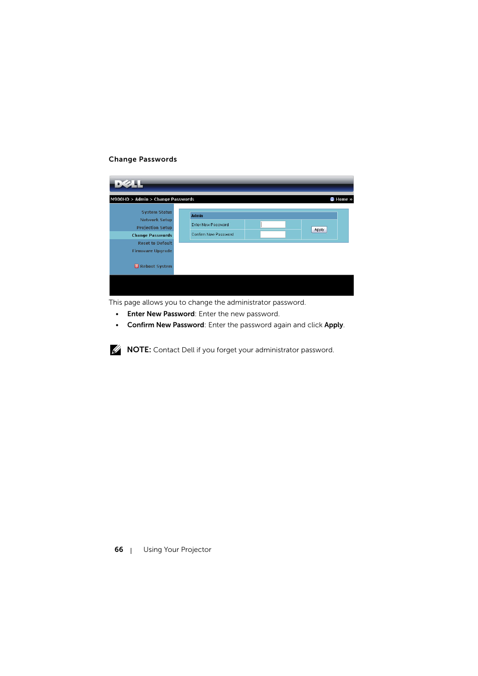 Change passwords | Dell Mobile Projector M900HD User Manual | Page 66 / 84