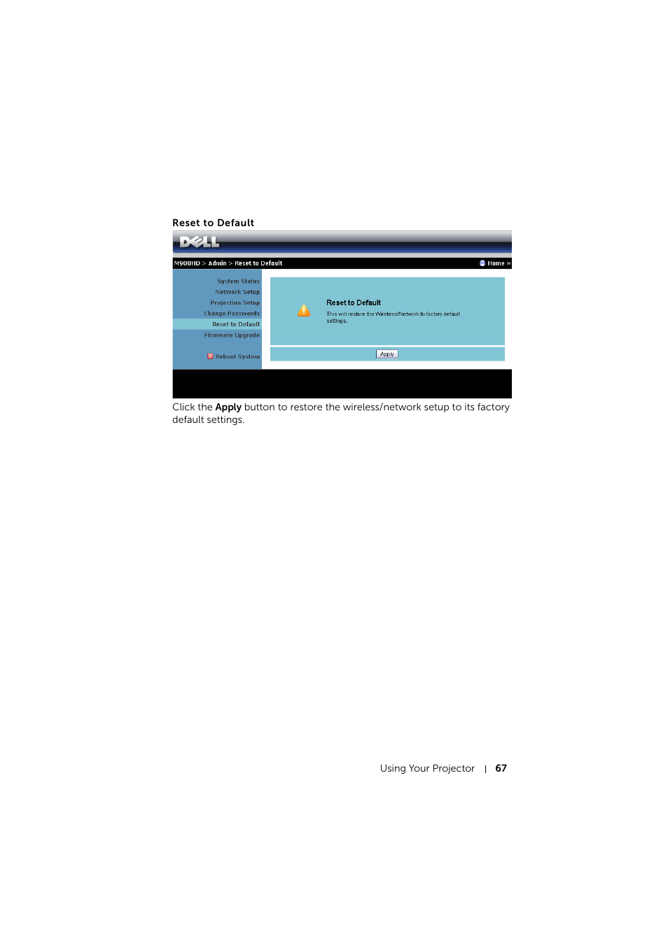 Reset to default | Dell Mobile Projector M900HD User Manual | Page 67 / 84