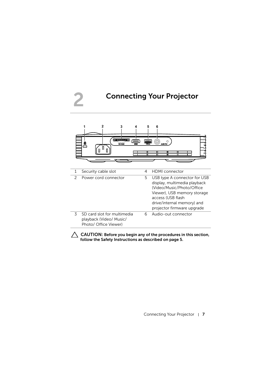 Connecting your projector | Dell Mobile Projector M900HD User Manual | Page 7 / 84