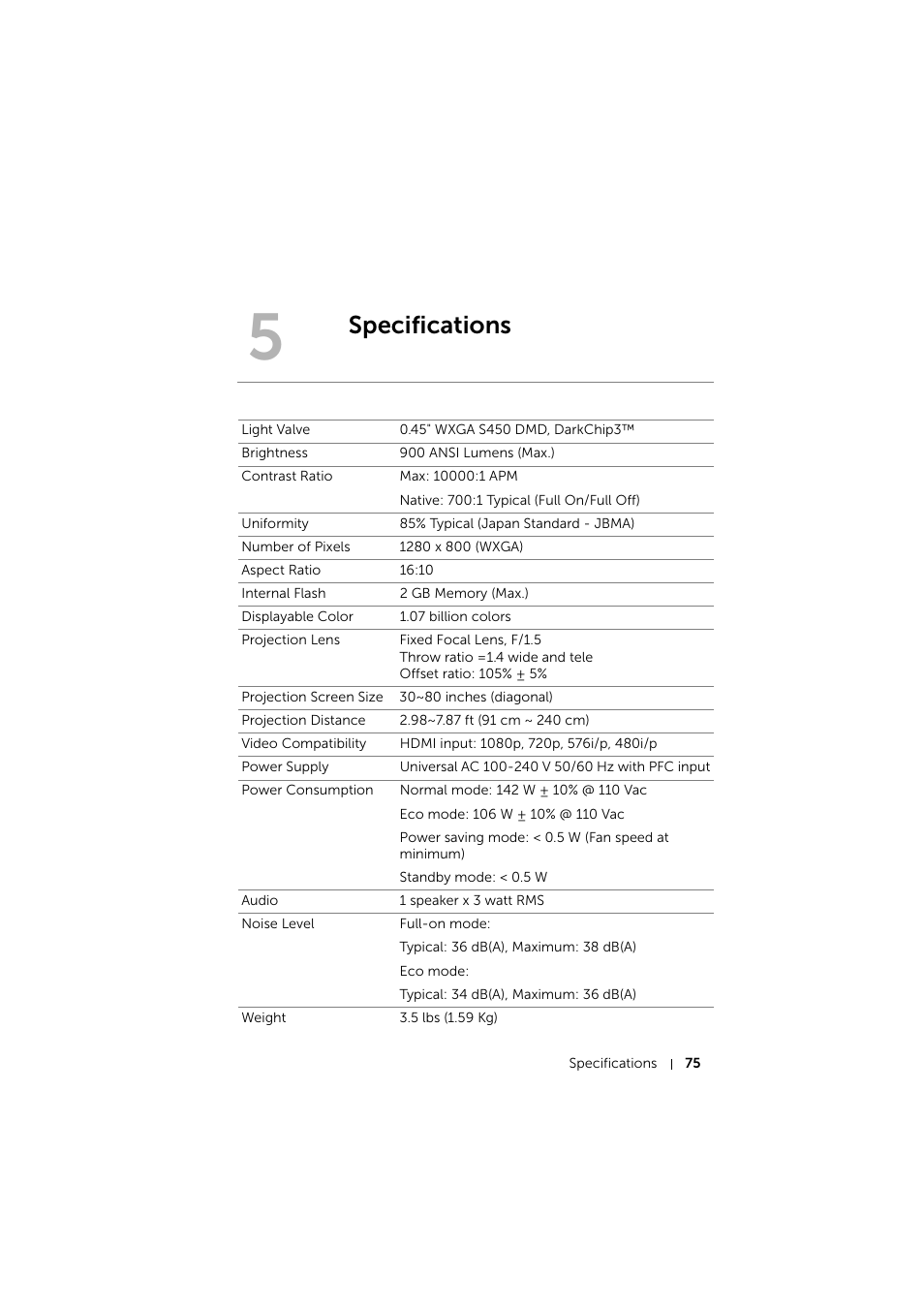 Specifications | Dell Mobile Projector M900HD User Manual | Page 75 / 84