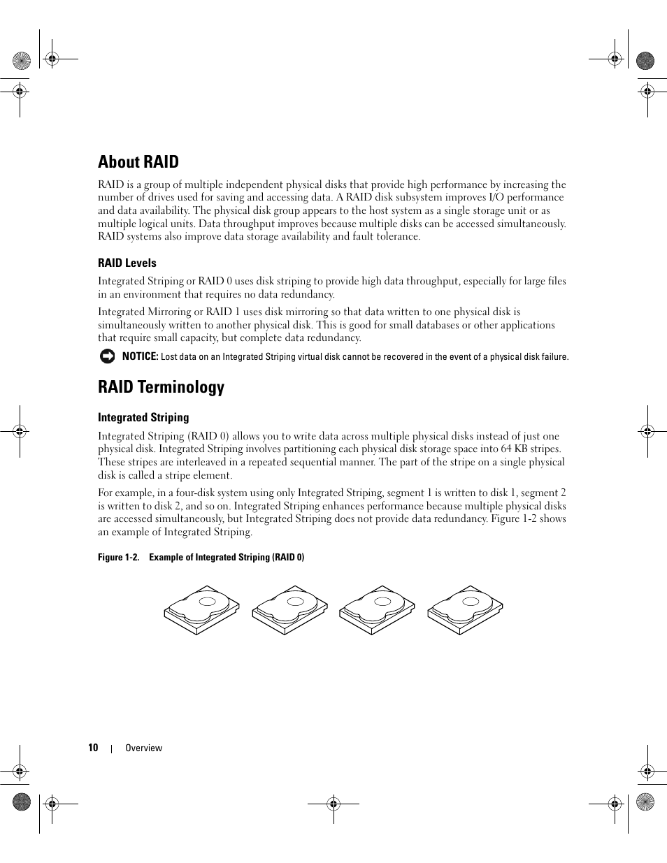 About raid, Raid levels, Raid terminology | Integrated striping | Dell Serial Attached SCSI 5iR Integrated and Adapter User Manual | Page 12 / 68