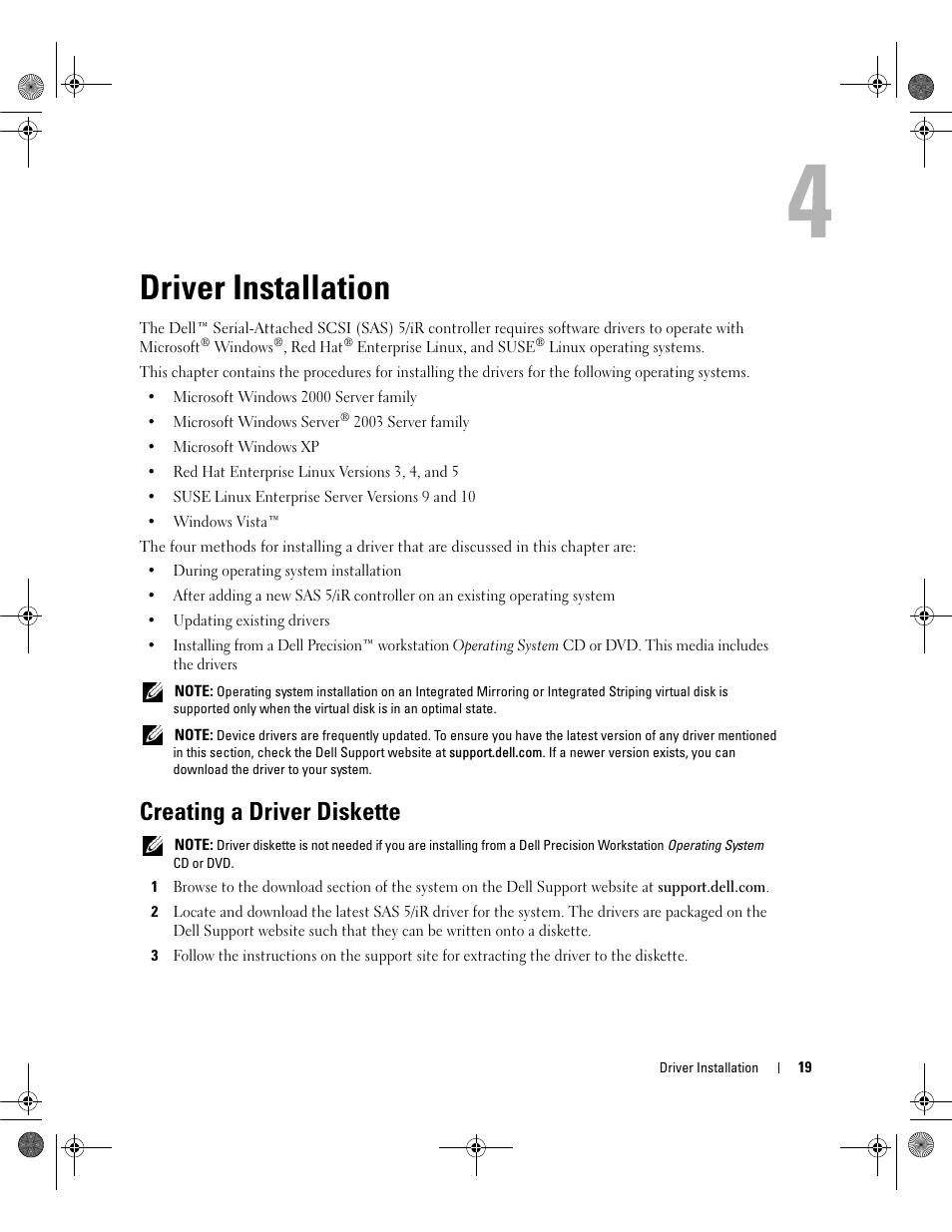 Driver installation, Creating a driver diskette | Dell Serial Attached SCSI 5iR Integrated and Adapter User Manual | Page 21 / 68