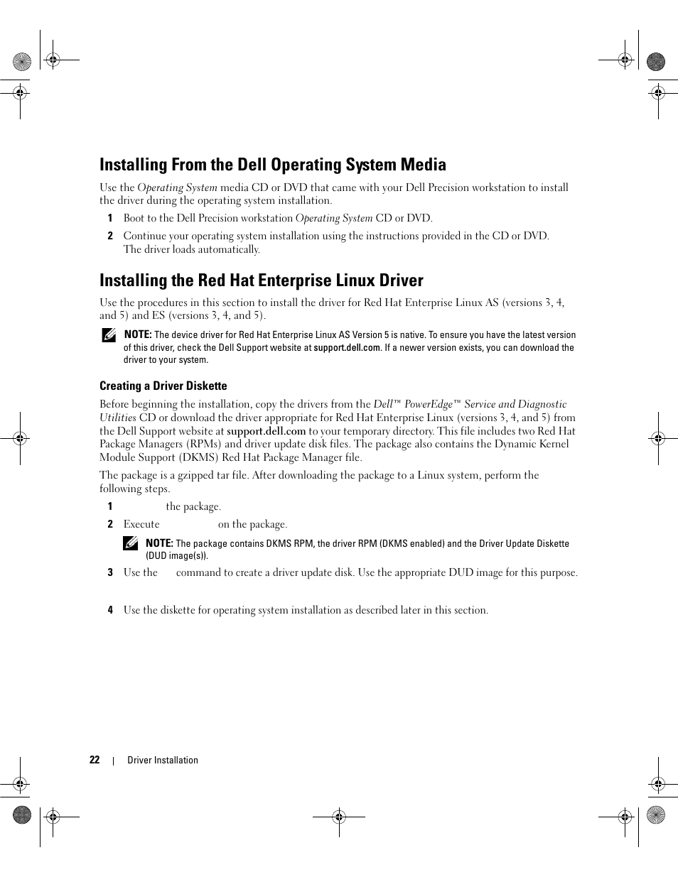 Installing from the dell operating system media, Installing the red hat enterprise linux driver, Creating a driver diskette | Dell Serial Attached SCSI 5iR Integrated and Adapter User Manual | Page 24 / 68