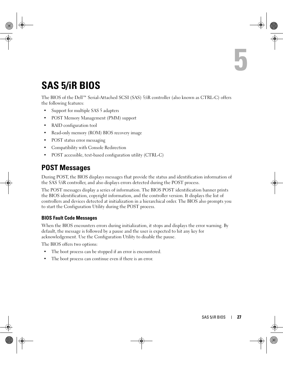 Sas 5/ir bios, Post messages, Bios fault code messages | Dell Serial Attached SCSI 5iR Integrated and Adapter User Manual | Page 29 / 68
