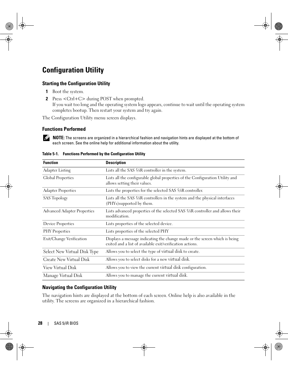 Configuration utility, Starting the configuration utility, Functions performed | Navigating the configuration utility | Dell Serial Attached SCSI 5iR Integrated and Adapter User Manual | Page 30 / 68