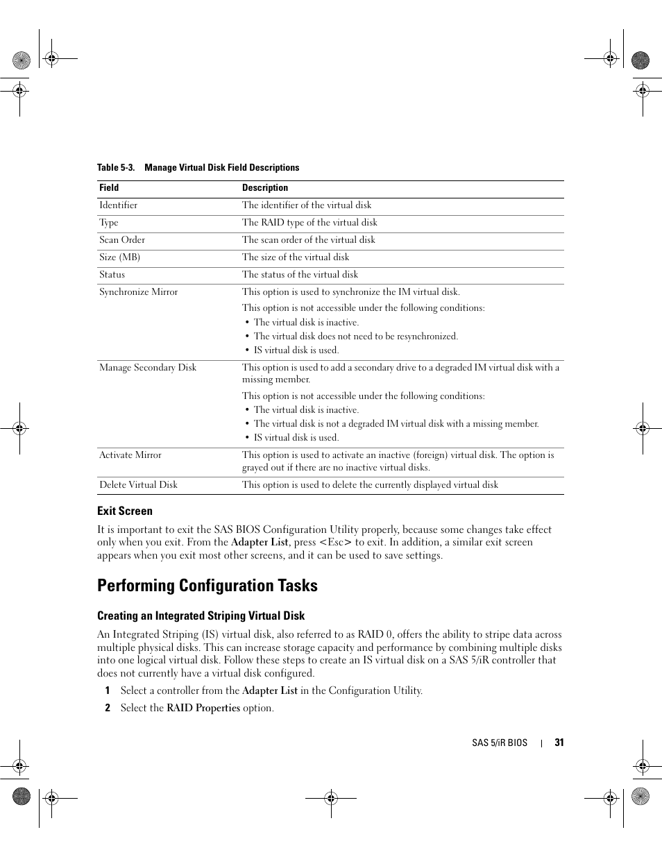 Exit screen, Performing configuration tasks, Creating an integrated striping virtual disk | Dell Serial Attached SCSI 5iR Integrated and Adapter User Manual | Page 33 / 68