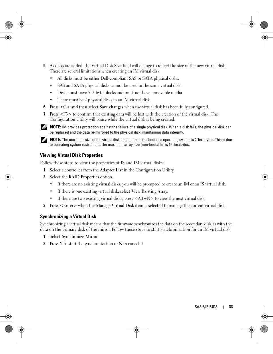 Viewing virtual disk properties, Synchronizing a virtual disk | Dell Serial Attached SCSI 5iR Integrated and Adapter User Manual | Page 35 / 68