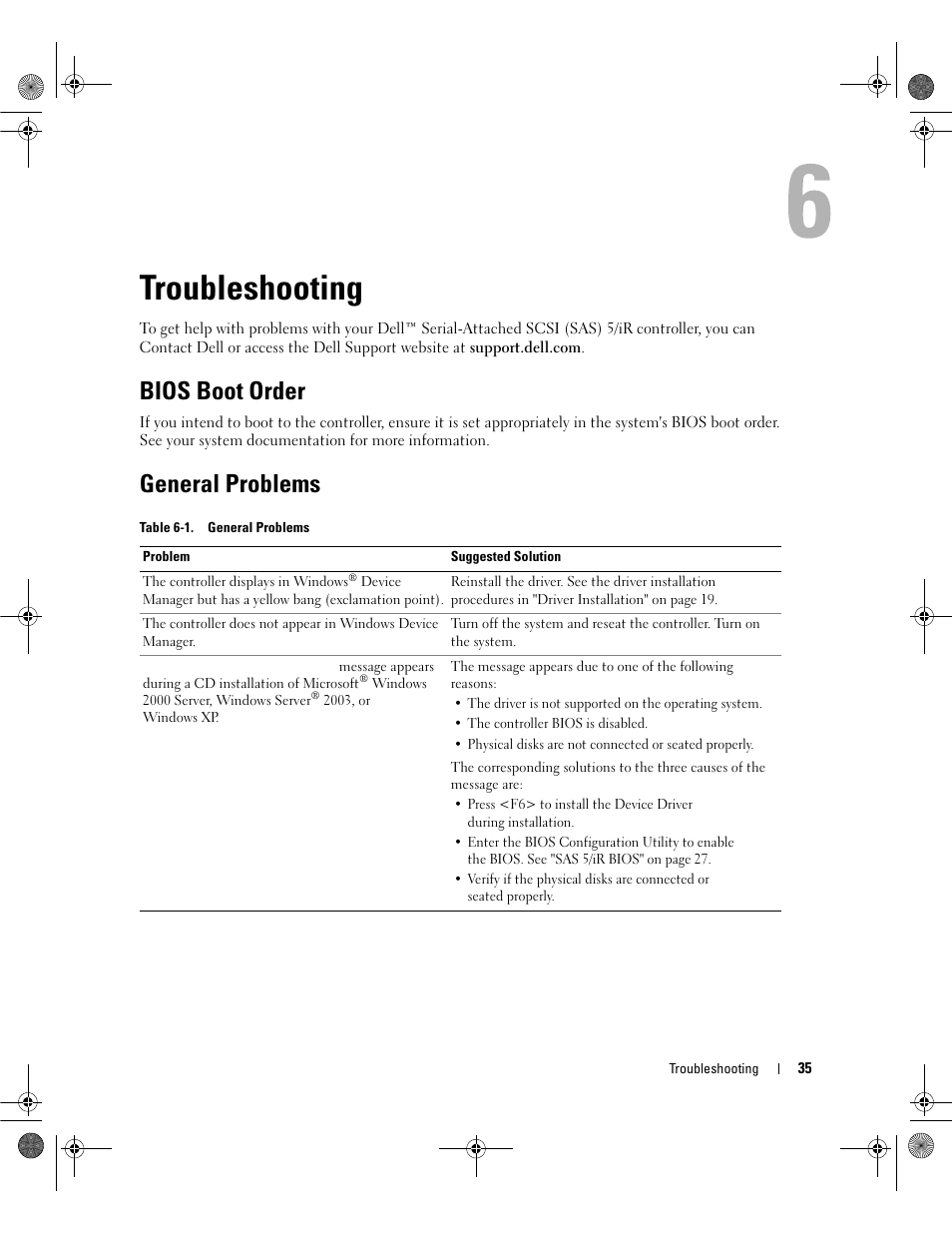 Troubleshooting, Bios boot order, General problems | Dell Serial Attached SCSI 5iR Integrated and Adapter User Manual | Page 37 / 68