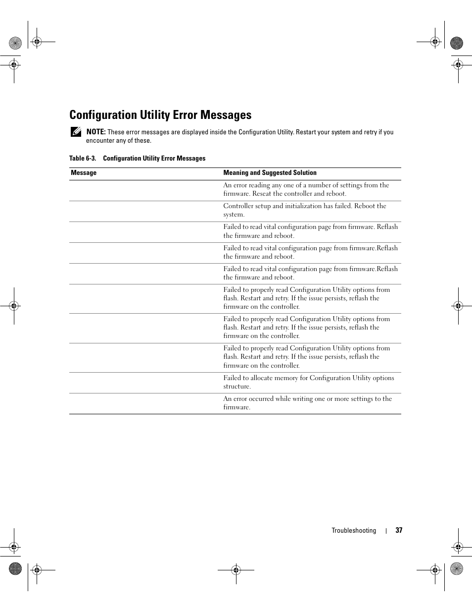 Configuration utility error messages | Dell Serial Attached SCSI 5iR Integrated and Adapter User Manual | Page 39 / 68